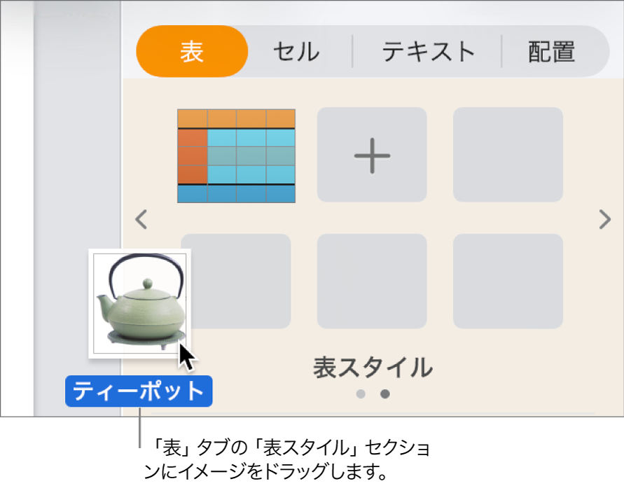 画像を表スタイルパネルにドラッグして新しいスタイルを作成している状態。