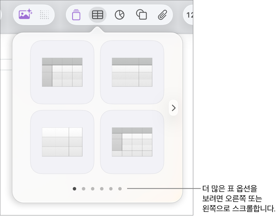 탐색 화살표가 있는 표 추가 메뉴.