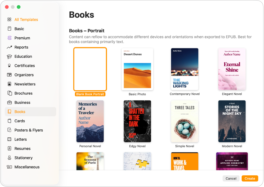 Pemilih templat dengan Buku dipilih dalam senarai kategori di sebelah kiri dan templat buku dalam orientasi potret di sebelah kanan.