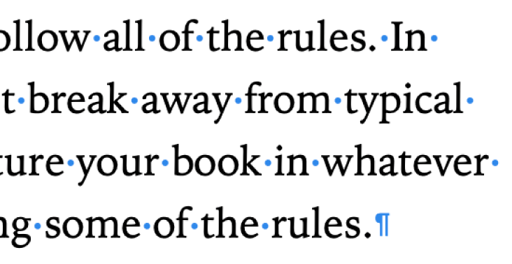 Teks menunjukkan simbol untuk ruang, pemisah perenggan dan pemisah bahagian.