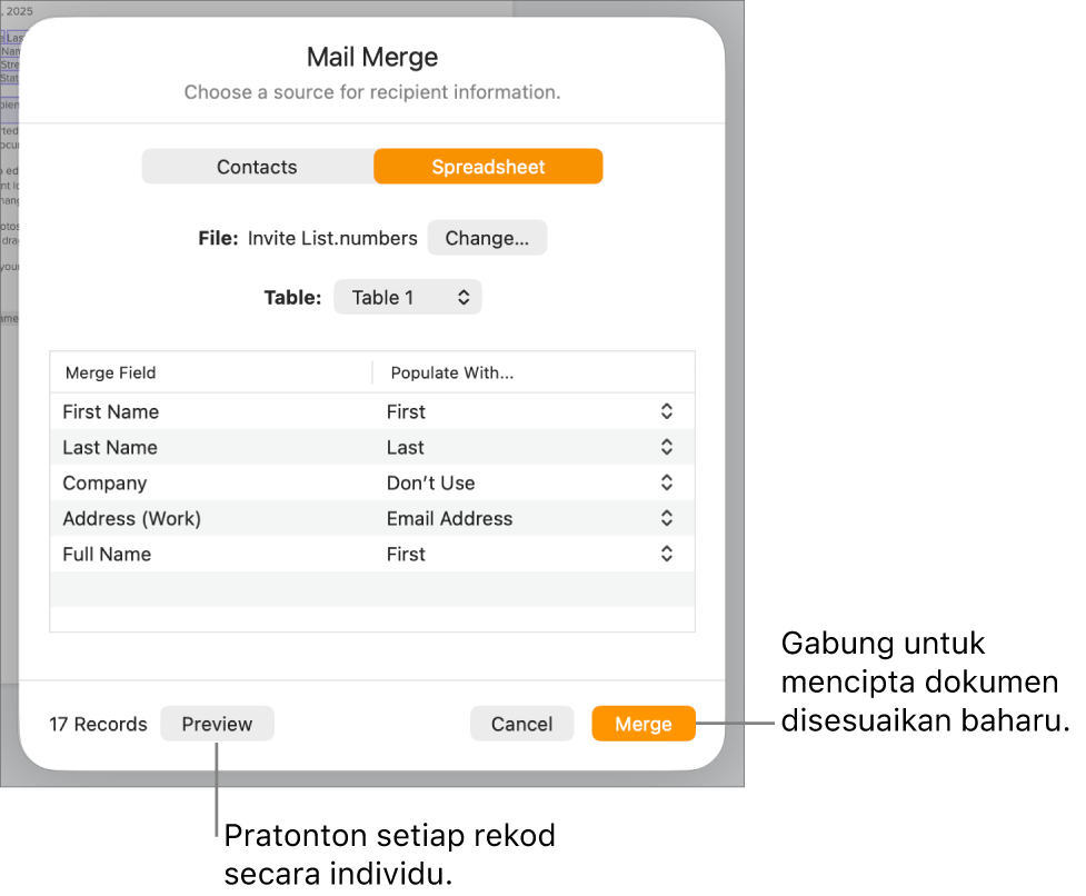 Anak tetingkap Gabungan Mel, dengan pilihan untuk menukar fail sumber atau jadual, mempratonton nama medan gabungan atau rekod individu, atau menggabungkan dokumen.