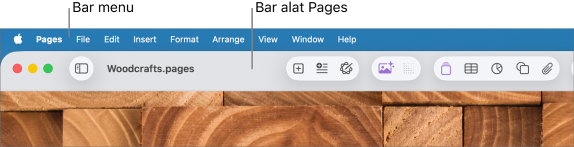 Bar menu di bahagian atas skrin dengan menu Apple, Pages, Fail, Edit, Masukkan, Format, Susun, Paparan, Tetingkap dan Bantuan. Di bawah bar menu ialah dokumen Pages terbuka dengan butang bar alat merentas bahagian atas untuk Paparan, Zum, Tambah Halaman, Masukkan, Jadual, Carta, Teks, Bentuk, Media, Komen, Kongsi dan Format.