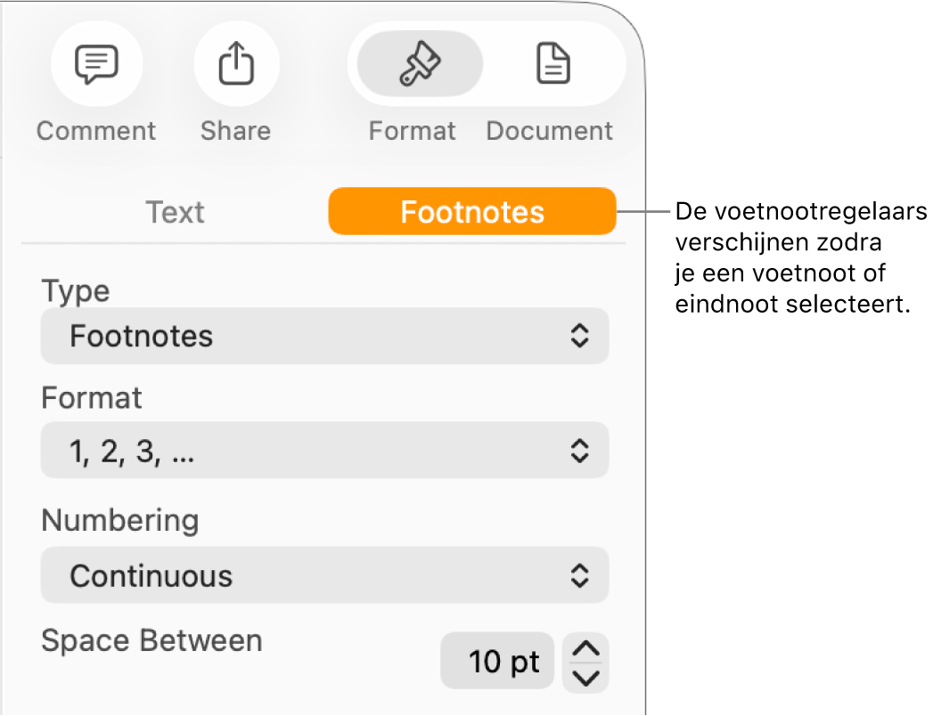 Het paneel 'Voetnoten' met pop‑upmenu's voor type, opmaak, nummering en ruimte tussen voetnoten.