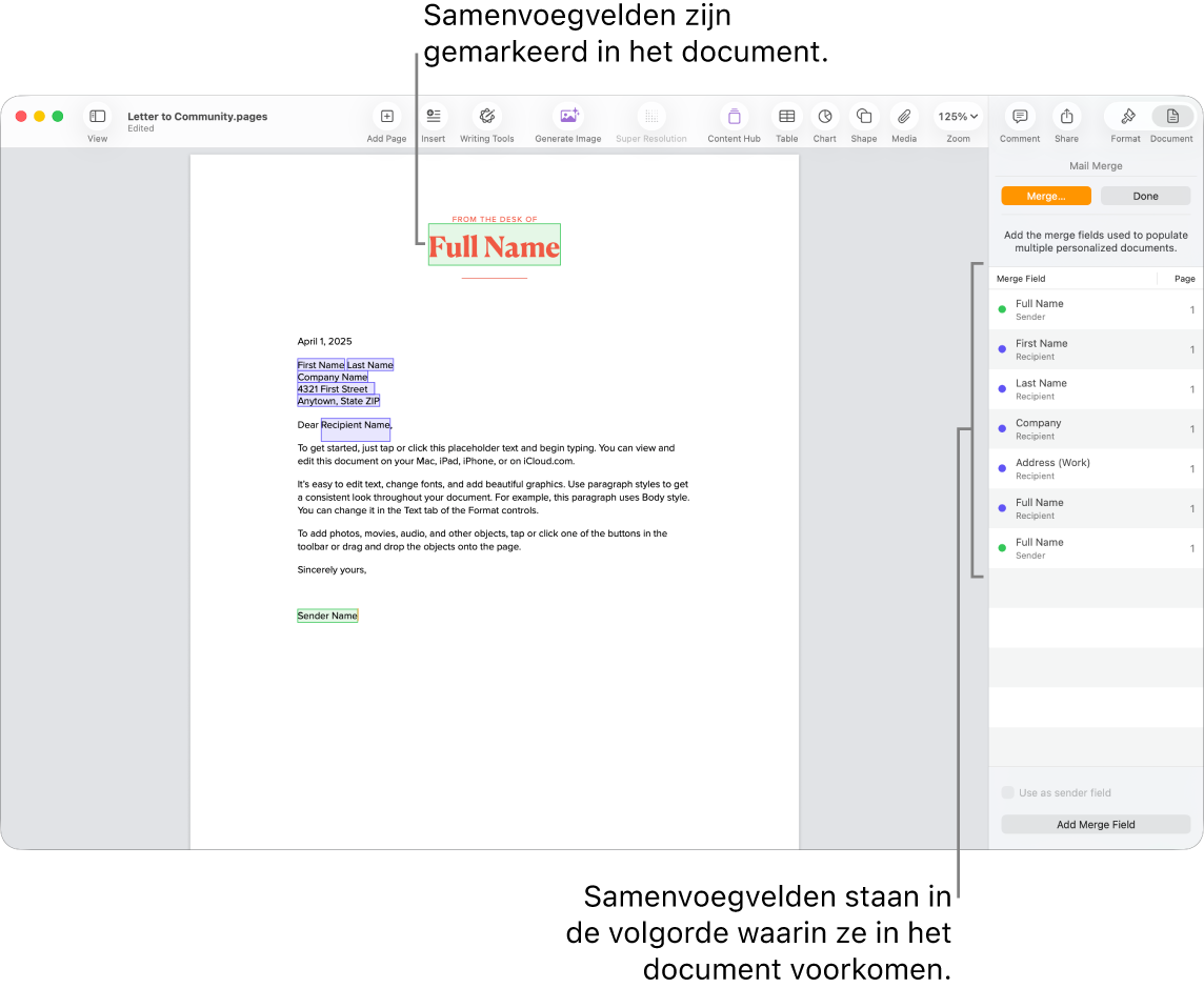 Pages-document met samenvoegvelden voor geadresseerde en afzender. In de navigatiekolom 'Document' wordt de lijst met alle gebruikte samenvoegvelden weergegeven.