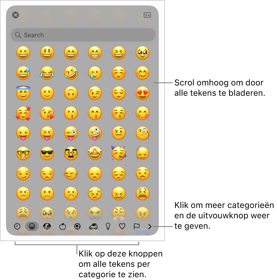De tekenweergave met emoji's, knoppen voor verschillende categorieën met symbolen (onderin), een knop om meer categorieën weer te geven en de uitvouwknop.