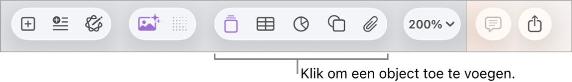 De knoppenbalk met knoppen voor het toevoegen van tabellen, diagrammen, tekst, vormen en media.