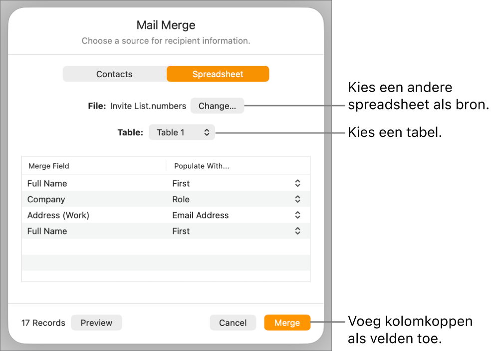 Het paneel 'Voorvertoning samenvoegvelden' met opties voor het wijzigen van het bronbestand of de tabel, het bekijken van de lijst met samenvoegvelden en het toevoegen van de kolomkoppen als velden.
