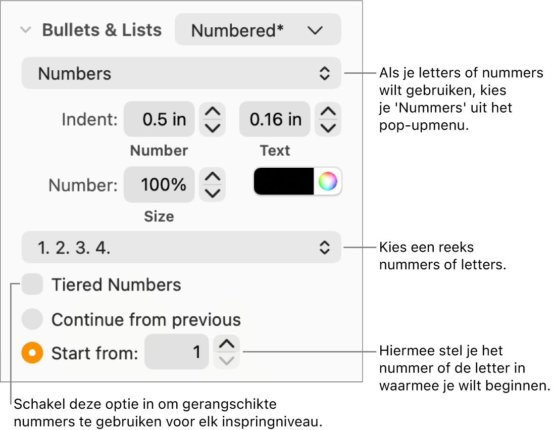 Regelaars voor het wijzigen van de nummeringsstijl en de afstand voor een lijst.