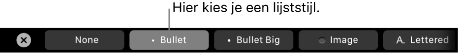 De Touch Bar op een MacBook Pro met regelaars voor het kiezen van een lijststijl.