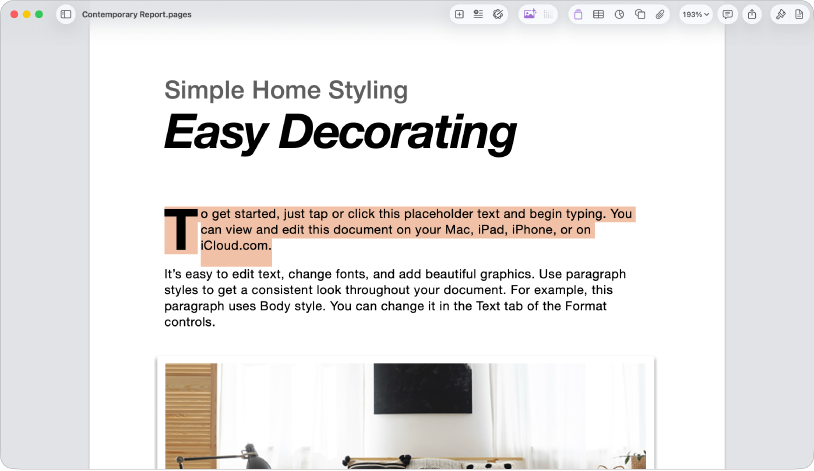 I et åpent dokument med plassholdertekst for mal markert.