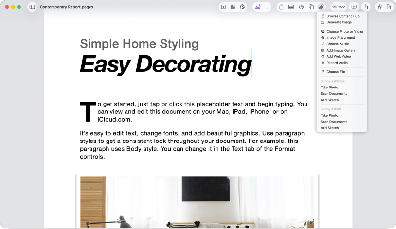 Åpent dokument der Legg til medieinnhold-menyen vises.