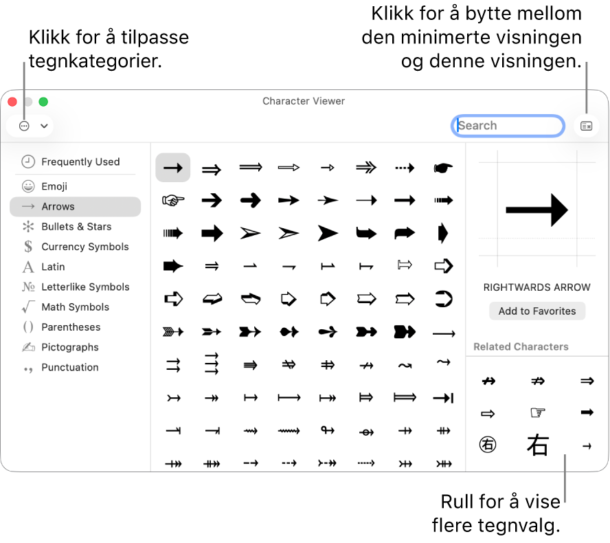 Den utvidede Tegnvisning viser spesialtegn og symboler, en meny for ulike kategorier med symboler til venstre, og en knapp øverst til høyre som lar deg gå tilbake til den minimerte visningen.