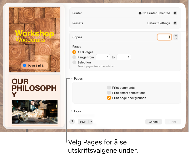 Skriv ut-dialogrute med kontroller for skriver, forhåndsinnstillinger, kopier og sideområde. Pages er valgt i lokalmenyen nedenfor innstillingene for sideområde, etterfulgt av avkrysningsruter for å skrive ut kommentarer, skrive ut smarte merknader og skrive ut sidebakgrunner.