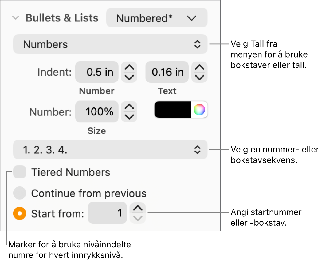 Kontrollene for å endre nummereringsstilen og avstanden for en liste.