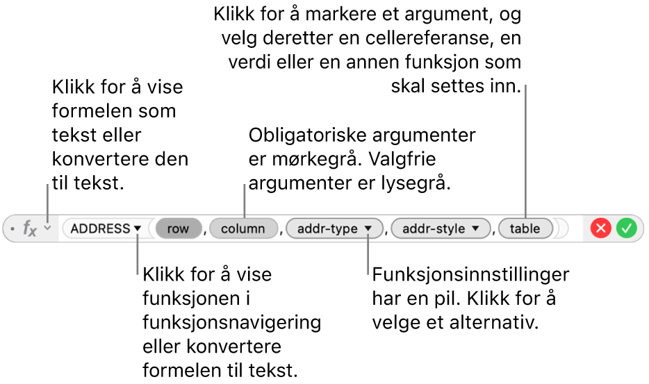 Formelredigeringen, som viser ADRESSE-funksjonen med argumentelementer.