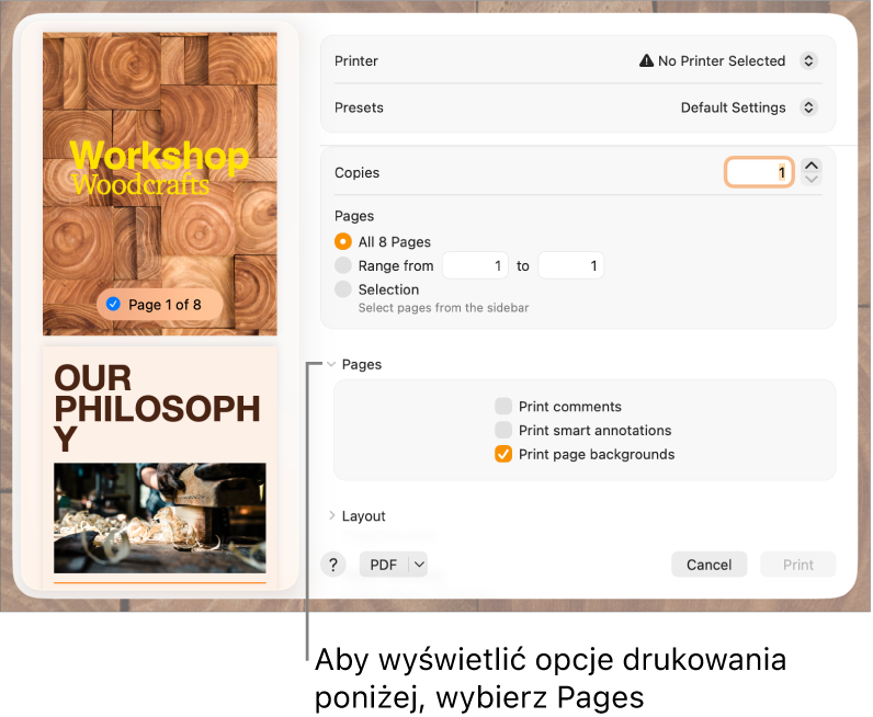 Okno dialogowe drukowania z narzędziami obsługi drukarek, ustawień fabrycznych, liczby kopii oraz zakresu drukowania. W menu podręcznym pod ustawieniami zakresu drukowanych stron wybrana jest aplikacja Pages, a dalej pola wyboru dotyczące drukowania komentarzy, adnotacji inteligentnych oraz tła stron.