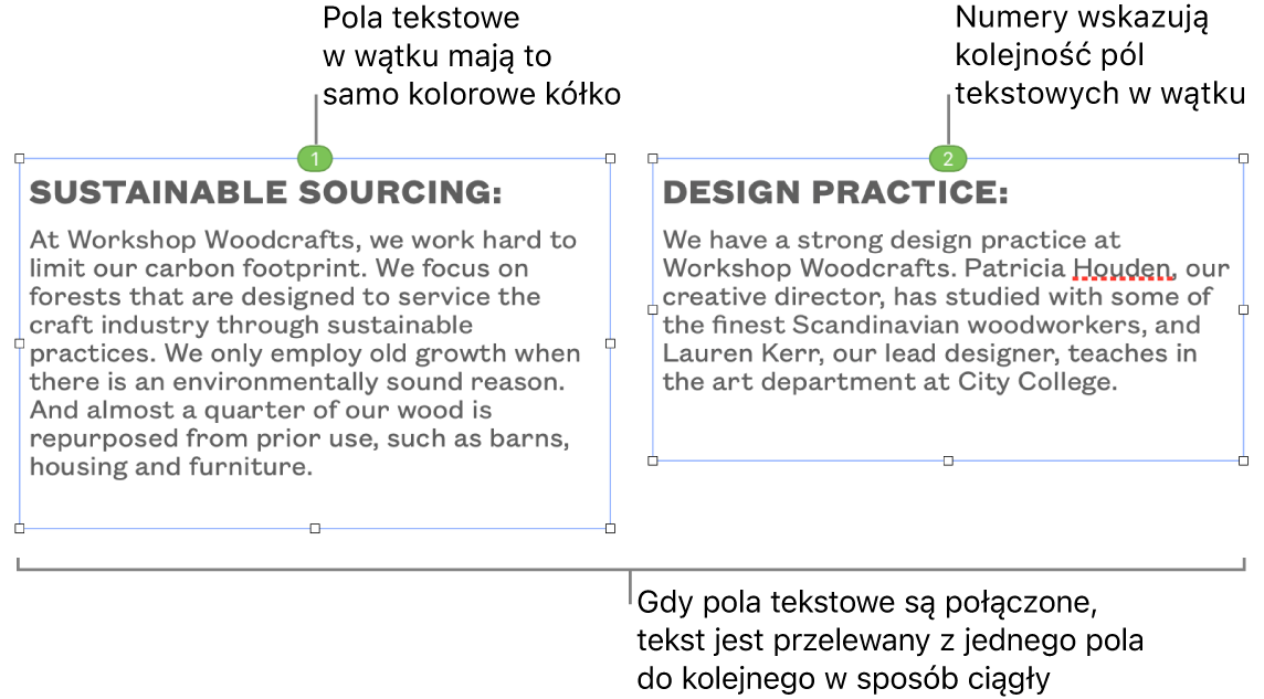 Dwa pola tekstowe z niebieskim kółkiem na górze oraz liczbą 1 i 2 w danym kółku.