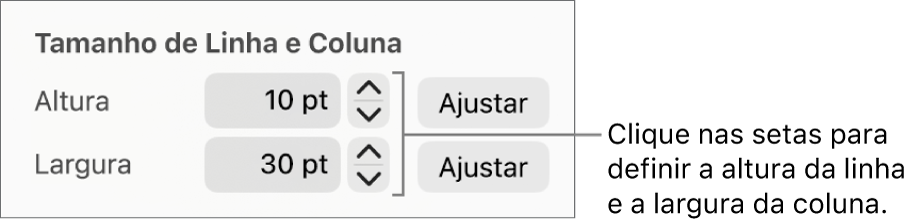 Controles para definir um tamanho exato de linha ou coluna.