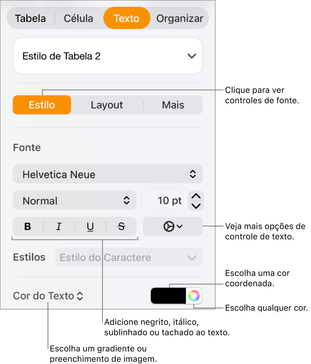Controles para estilizar o texto da tabela.