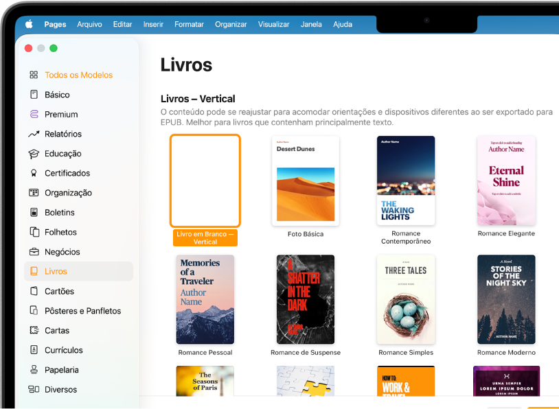 Seletor de modelos com Livros selecionado na lista de categorias à esquerda e modelos de livros na orientação vertical à direita.