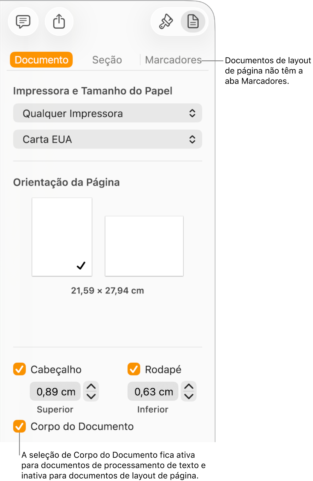 Barra lateral Formatar, com as abas Documento, Seção e Marcadores na parte superior. A aba Documento está selecionada e um balão explicativo para a aba Marcadores diz que documentos de layout de página não possuem a aba Marcadores. A opção Corpo do Documento está selecionada, o que também indica que este é um documento de processamento de texto.