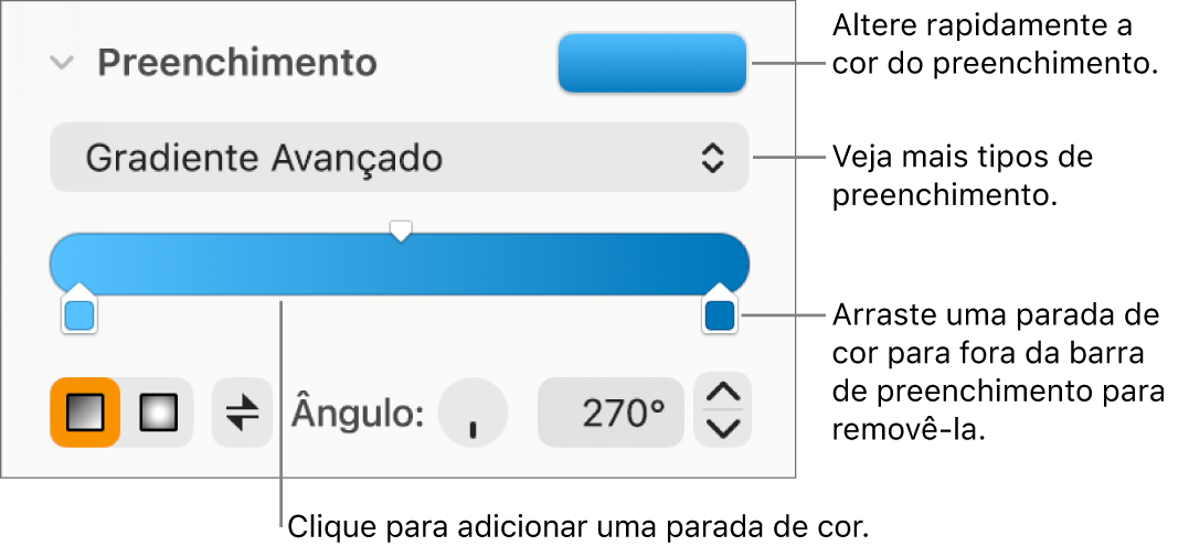 Controles para preenchimento de objetos com cores.