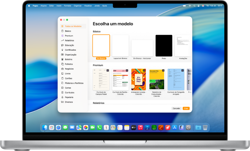MacBook Pro com o seletor de modelos do Pages aberto na tela. A categoria Todos os Modelos está selecionada à esquerda e modelos predefinidos aparecem à direita em linhas por categoria.