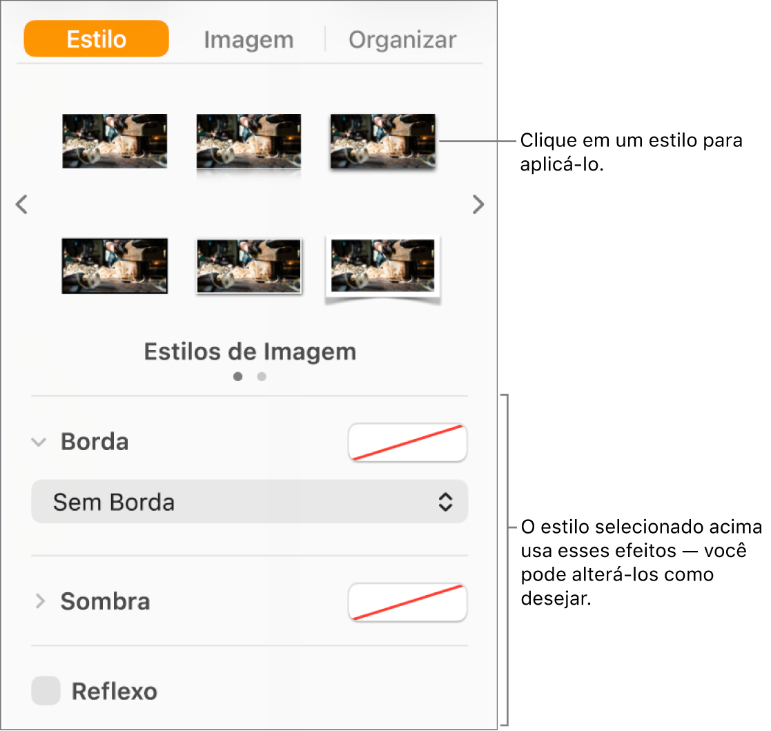Aba Estilo, na barra lateral Formatar, mostrando opções de estilo de objeto.
