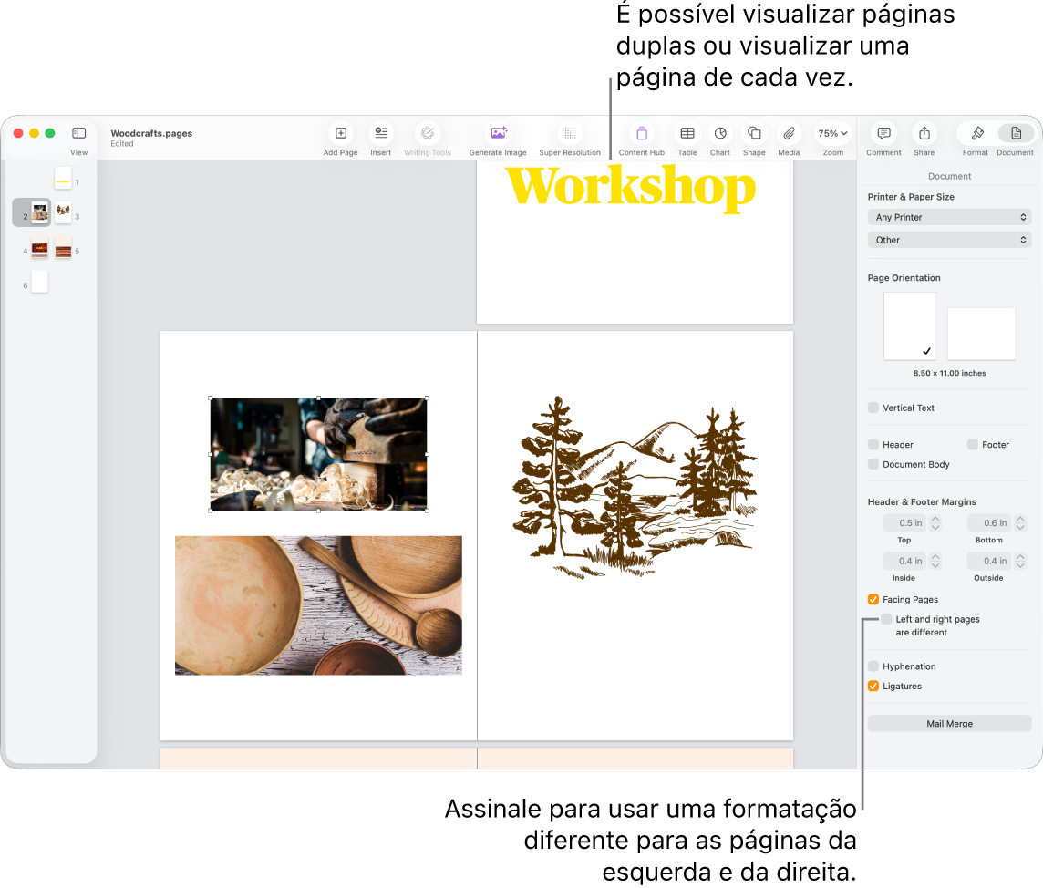 A janela do Pages com miniaturas de páginas e páginas do documento visualizadas como páginas duplas. A opção “Esquerda e direita são diferentes” está desassinalada na barra lateral “Documento” à direita.