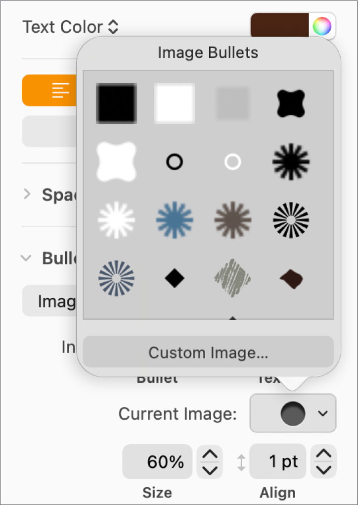Menu pop-up “Marcas de imagem”.
