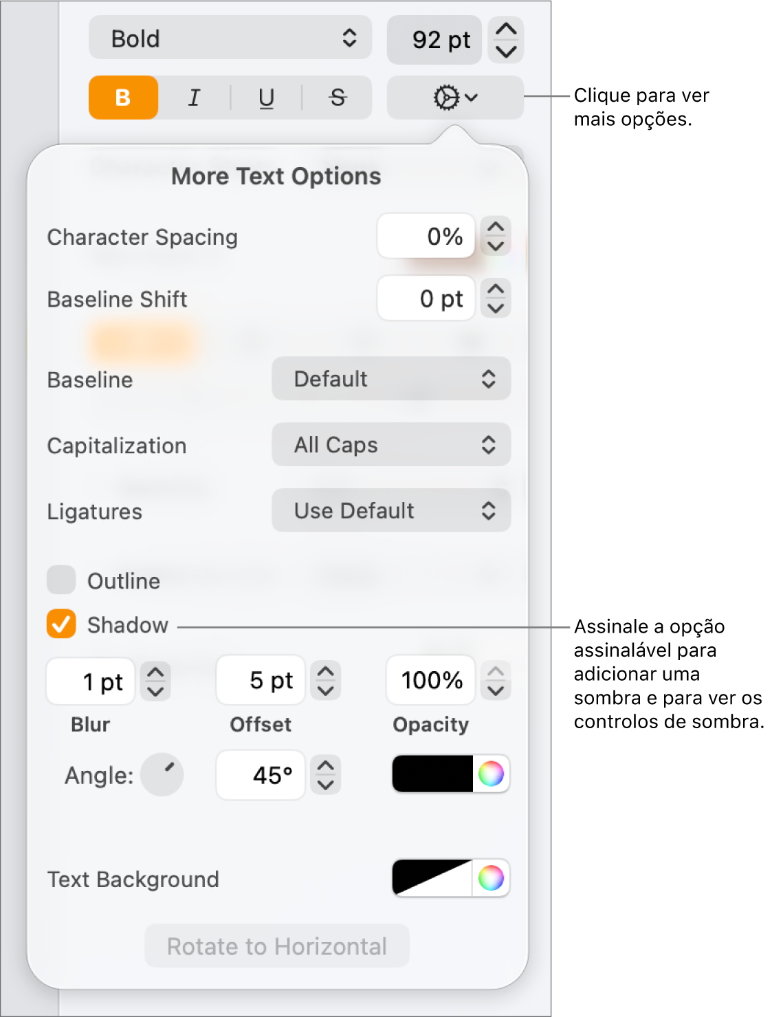 O menu “Opções avançadas” aberto com a opção “Sombras” selecionada e os controlos para definir desfocagem, deslocação, opacidade, ângulo e cor.
