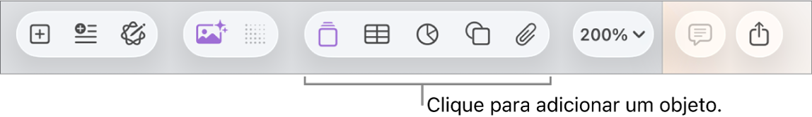 Barra de ferramentas com botões para adicionar tabelas, gráficos, texto, formas e multimédia.