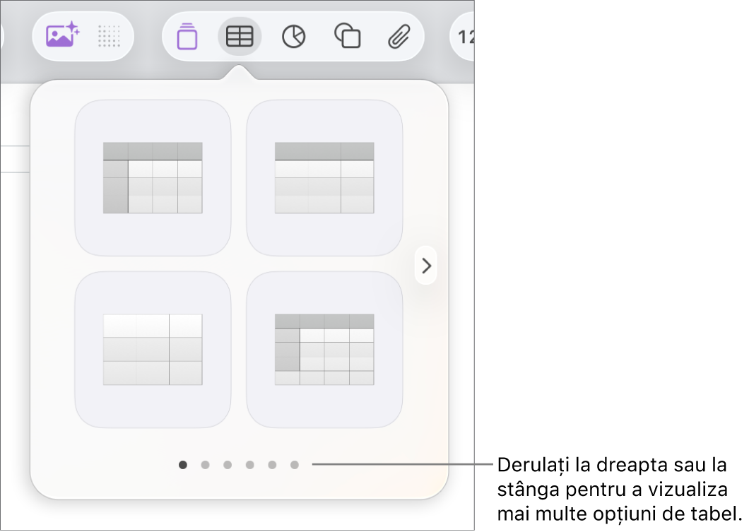 Meniul Adaugă tabel, cu săgeți de navigare.