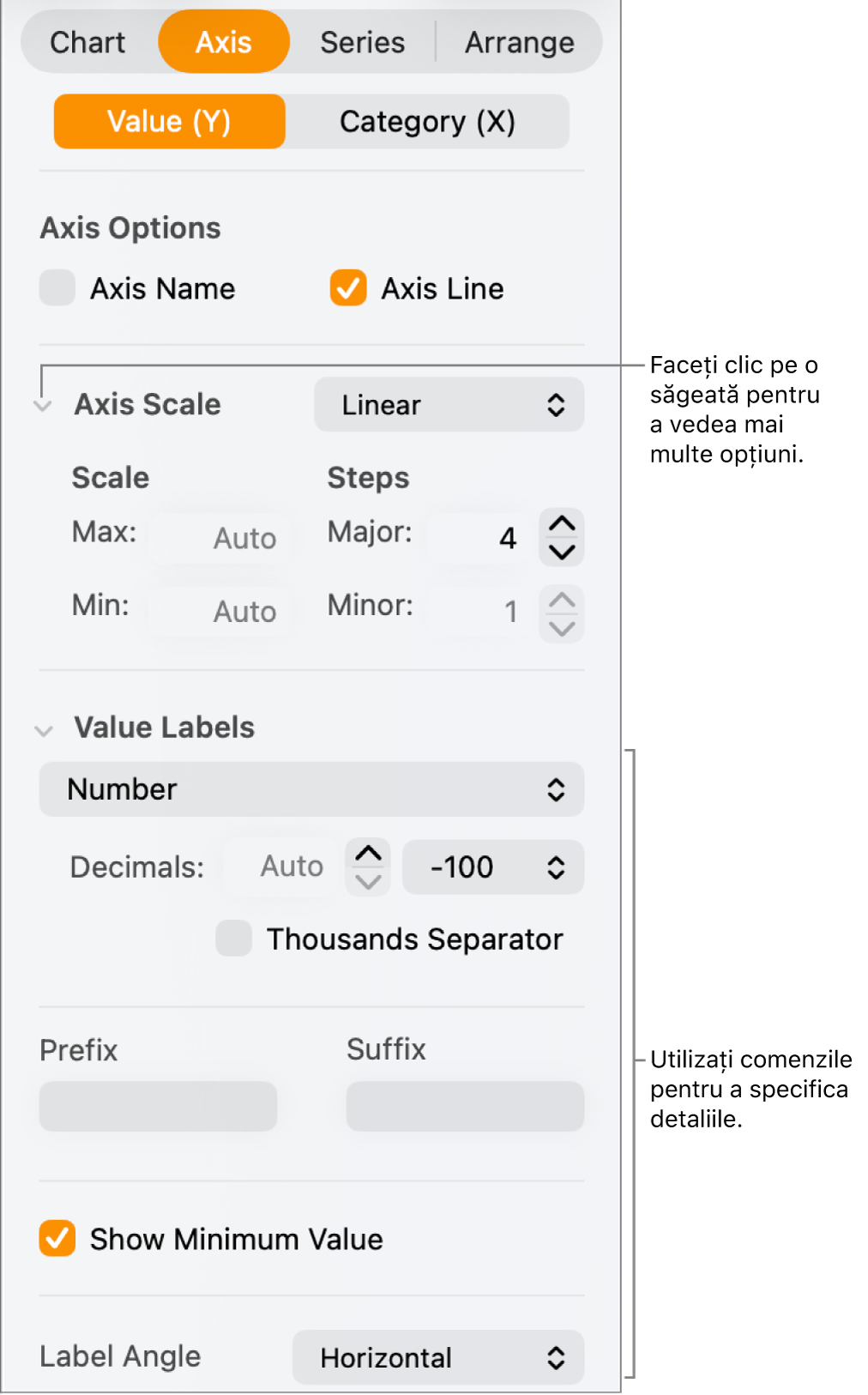 Comenzi pentru formatarea marcajelor de axă ale diagramei.