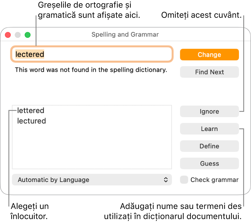 Fereastra Ortografie și gramatică.