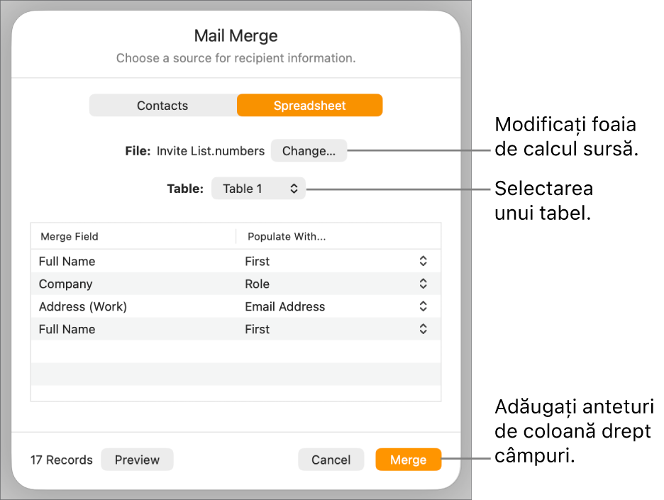 Panoul de previzualizare a câmpurilor de comasare este deschis, afișând opțiunile pentru schimbarea fișierului sau a tabelului sursă, previzualizarea numelor câmpurilor de comasare sau adăugarea anteturilor de coloane drept câmpuri.