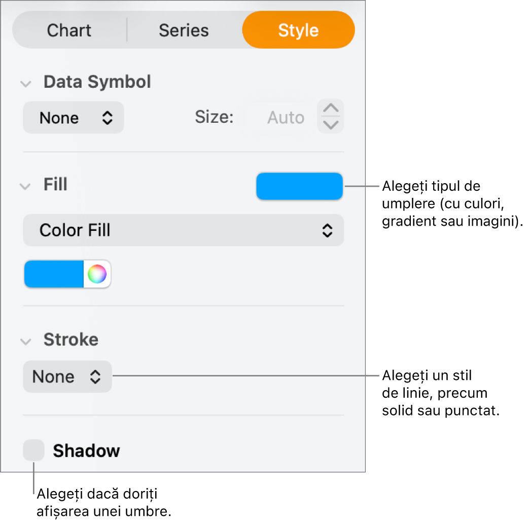 Comenzi pentru modificarea aspectului seriei de date.