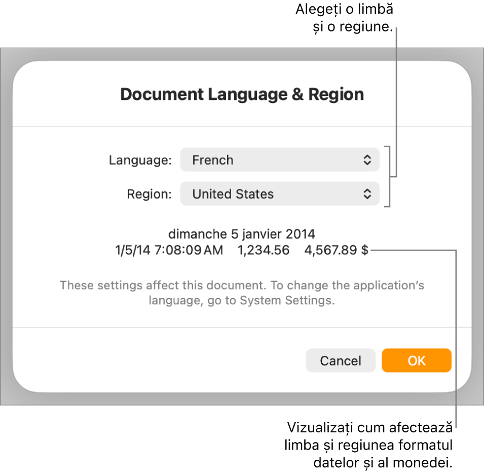 Panoul Limbă și regiune, cu comenzile pentru limbă și regiune și un exemplu de format, inclusiv data, ora, zecimale și valuta.