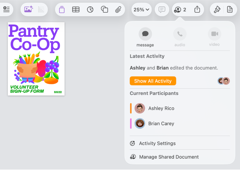 Меню совместной работы, в котором показаны имена людей, совместно работающих над документом.