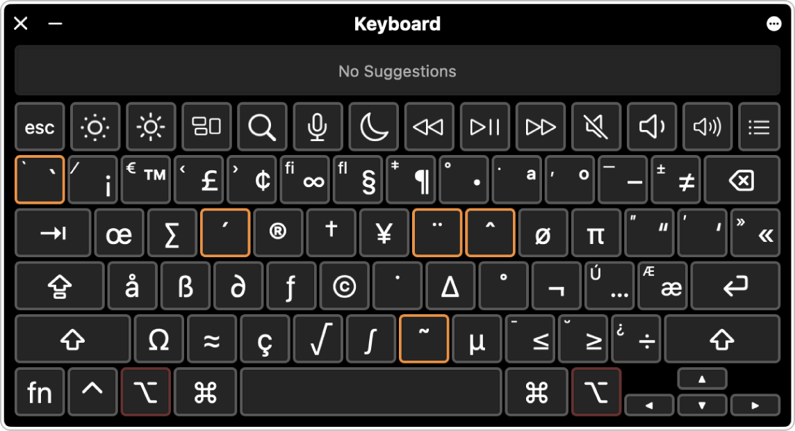 Открыта панель «Клавиатура», выделены немаркированные клавиши.