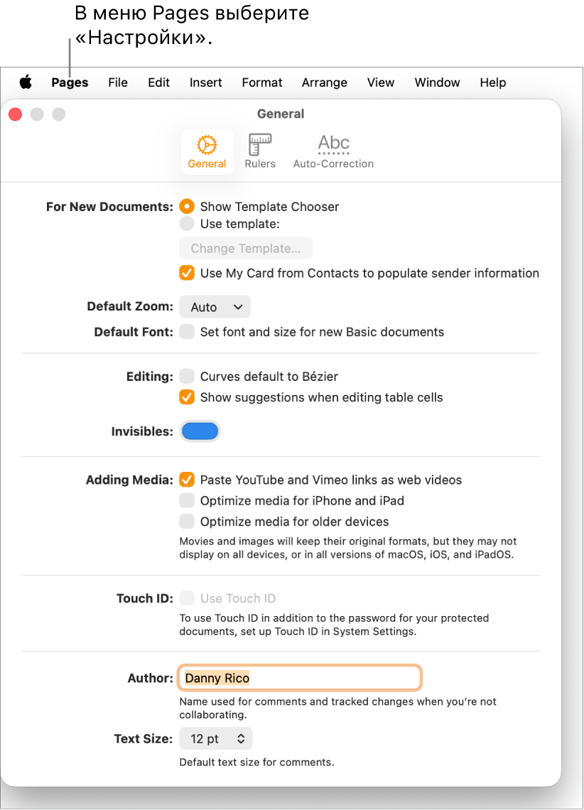 В панели настроек Pages открыта вкладка «Основные».