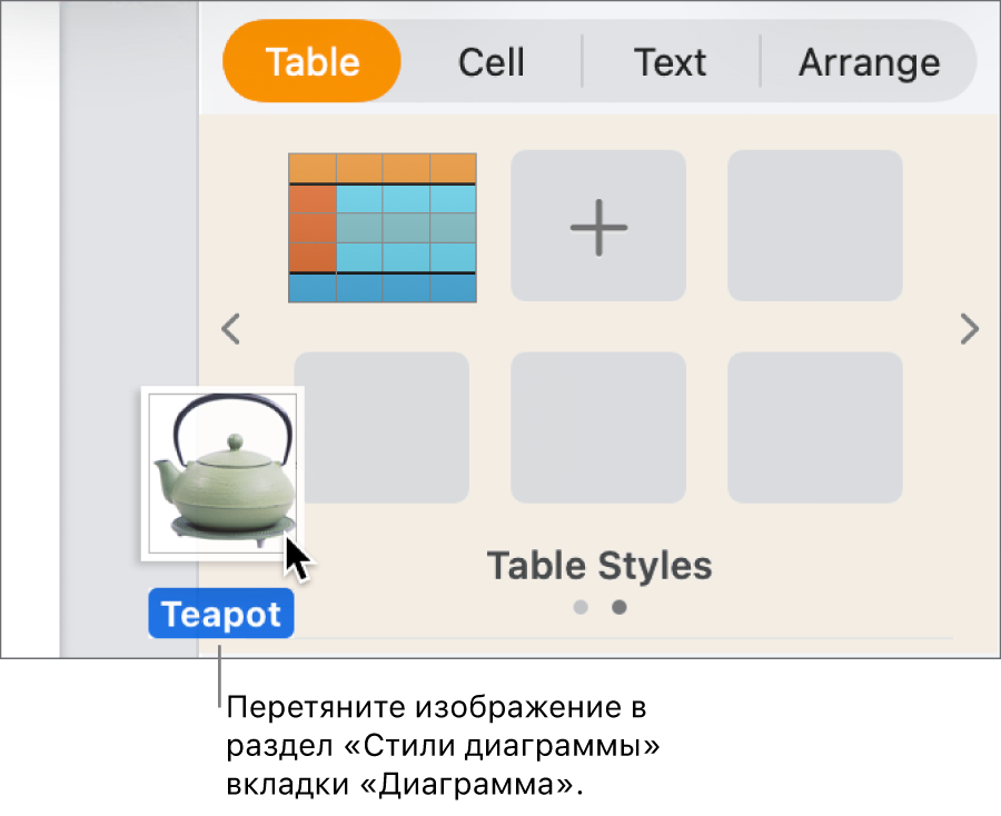 Перетягивание изображения в раздел стилей диаграмм в боковом меню для создания нового стиля.