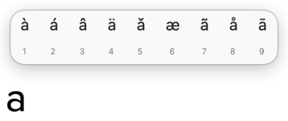 Otvorené menu diakritiky s akcentmi a diakritickými znakmi pre písmeno „a“.