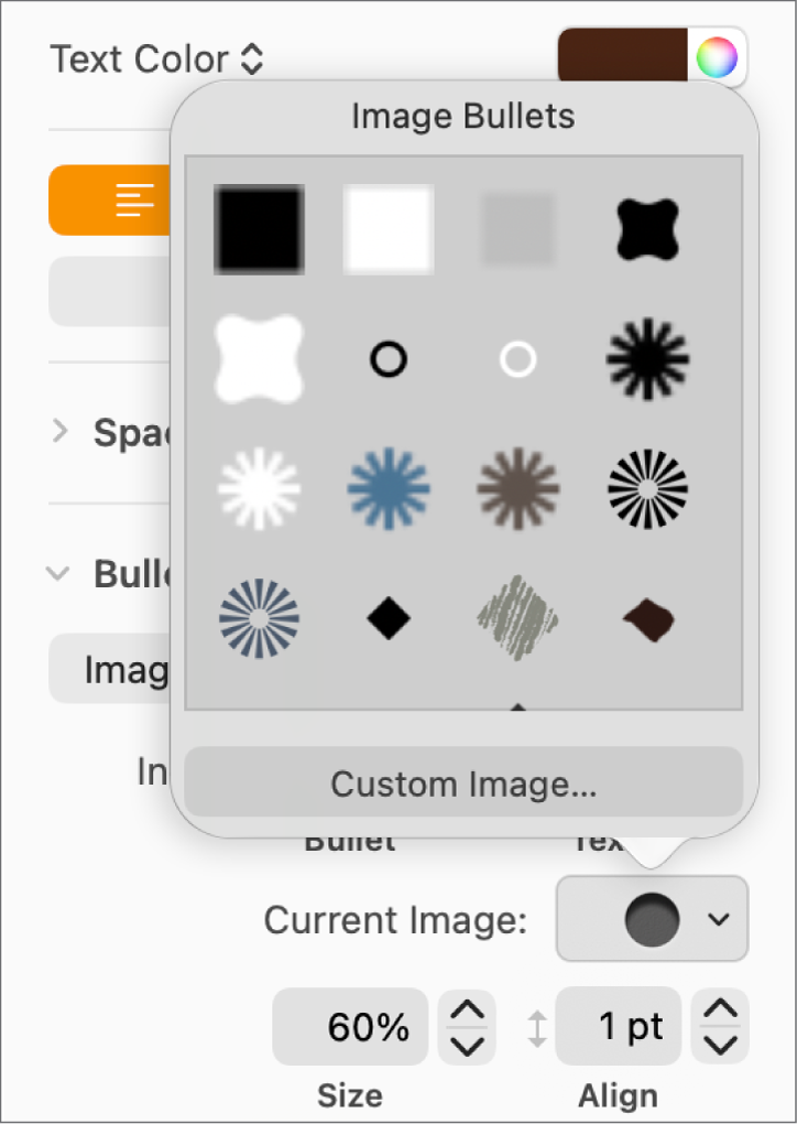 Vyskakovacie menu Obrázkové odrážky.