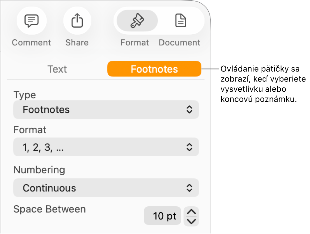 Panel Vysvetlivky znázorňujúci vyskakovacie ponuky pre Typ, Formát, Číslovanie a priestor medzi vysvetlivkami.