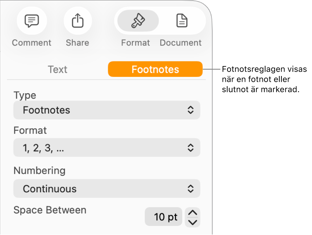 Panelen Fotnoter med popupmenyer för typ, format, numrering och mellanrum mellan fotnoterna.