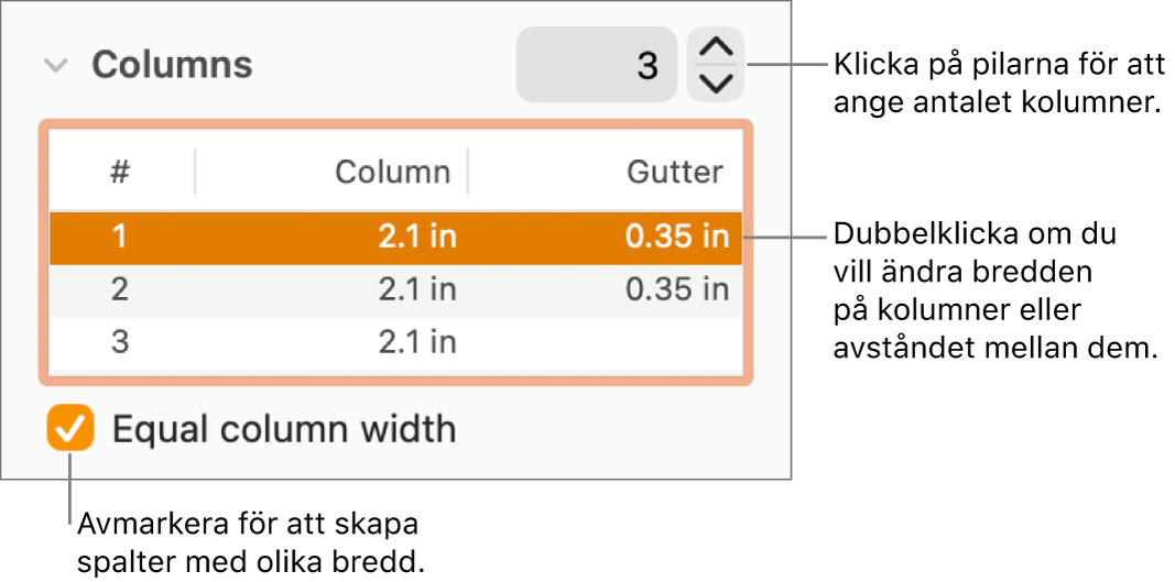 Layoutpanelen i formatgranskaren med spaltreglage.