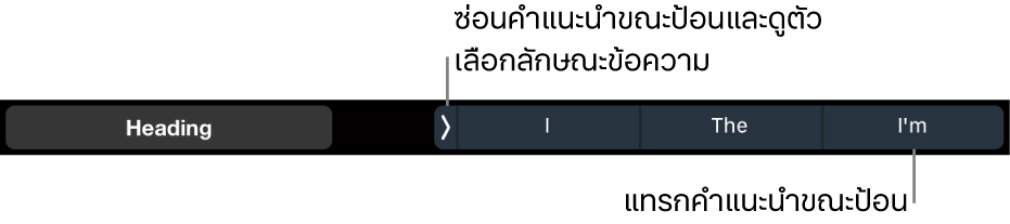 MacBook Pro Touch Bar พร้อมปุ่มควบคุมสำหรับเลือกลักษณะข้อความ ซ่อนคำแนะนำขณะป้อน และแทรกคำแนะนำขณะป้อน