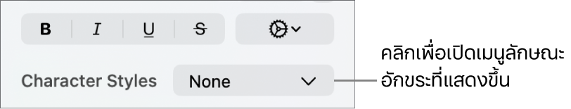 เมนูลักษณะอักขระที่แสดงขึ้นด้านล่างตัวควบคุมสำหรับเปลี่ยนลักษณะข้อความและสี