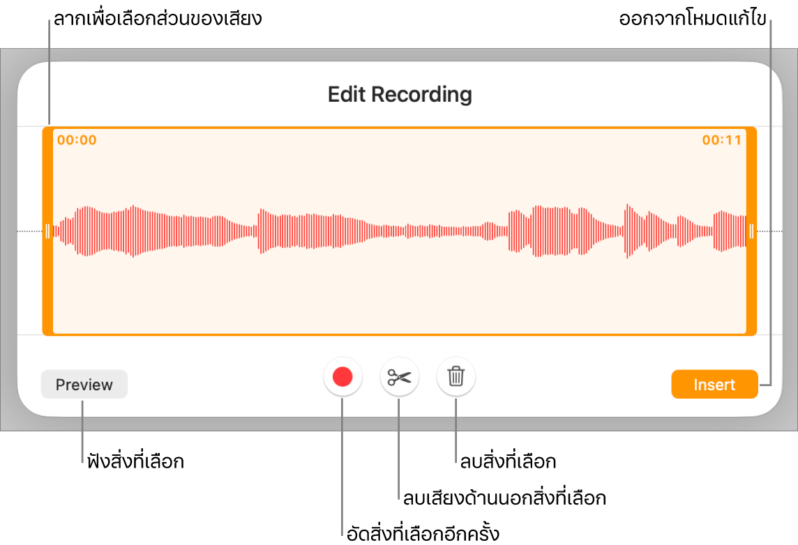 ตัวควบคุมสำหรับแก้ไขเสียงที่อัด ขอบจับจะบ่งบอกส่วนที่เลือกอยู่ของรายการอัด และปุ่มแสดงตัวอย่าง อัด ตัดต่อ ลบ และโหมดแก้ไขจะอยู่ทางด้านล่าง
